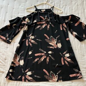 Black Feather Print Cold Shoulder Dress